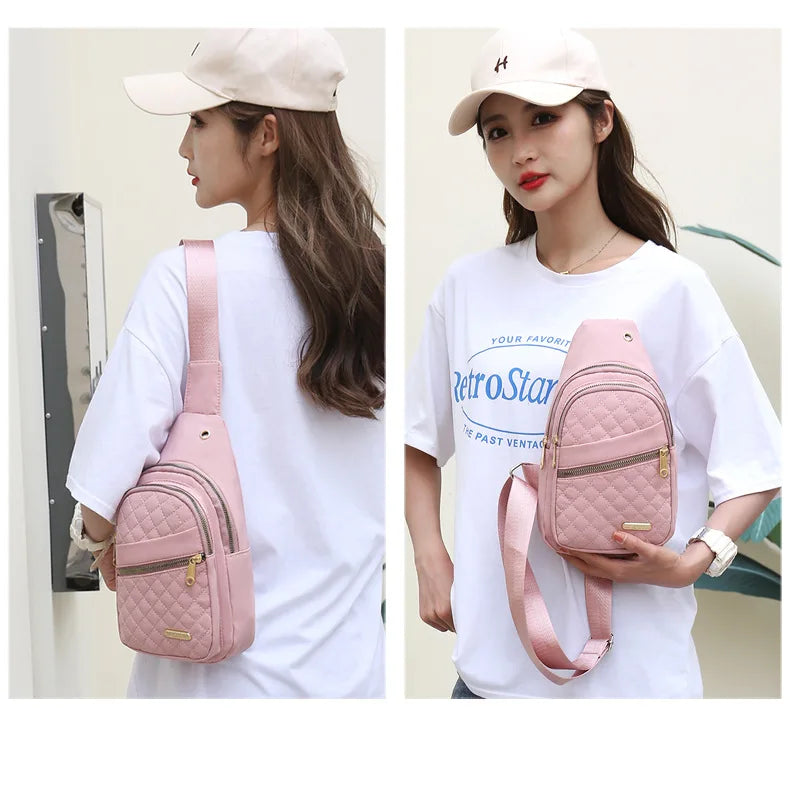 Women Pink Chest Bag 2024 Ladies Waterproof White Chest Backpack Shoulder Bag Oxford Cloth Crossbody Bag Cycling Sports Backpack