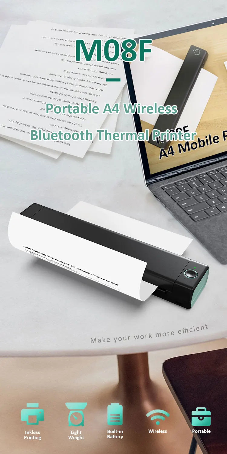 M08F A4 Portable Thermal Printer 8.26"x11.69" A4 Thermal Paper Wireless Mobile Travel Printer Android iOS Laptop Printer