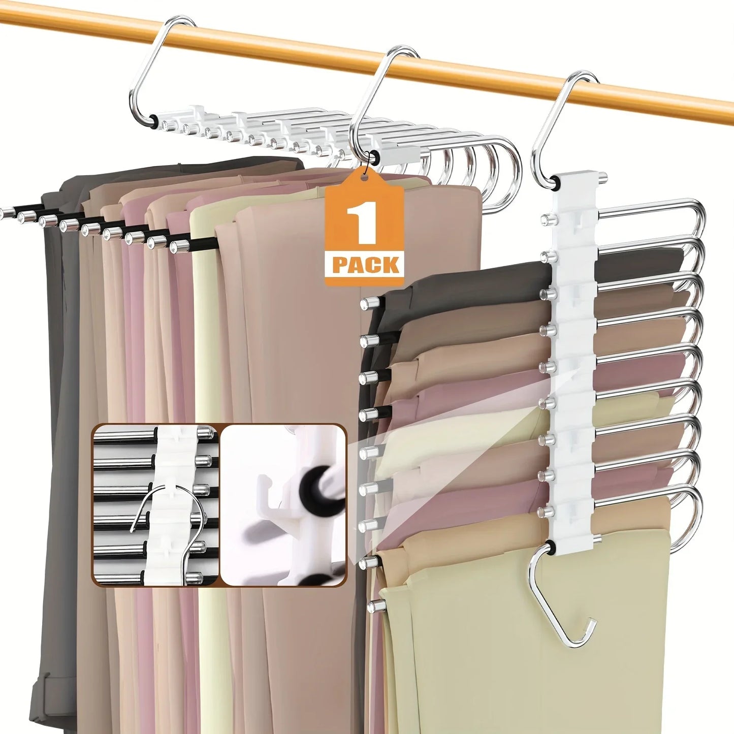 1pc Space-Saving S-Type Closet Organizer Pants Hanger - 9 Layers Non Slip Stainless Steel Multifunctional Rack With Hooks