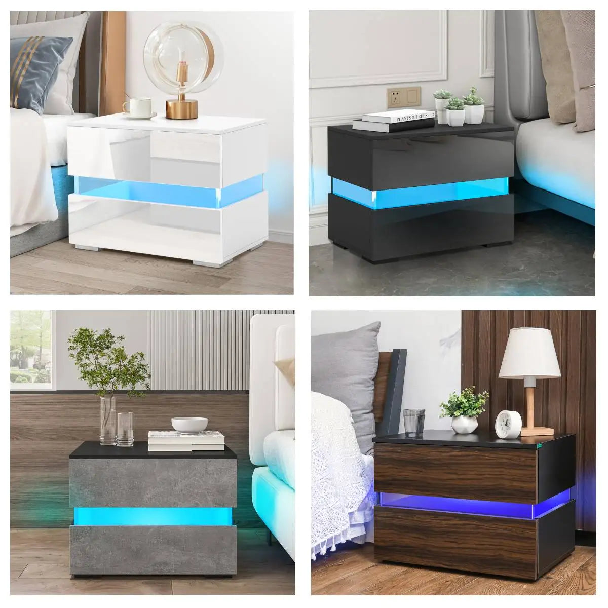 Modern Luxury LED Light Nightstand w/2 Drawers Organizer Storage Cabinet Bedside Table Bedroom Furniture for Night 20 Colors