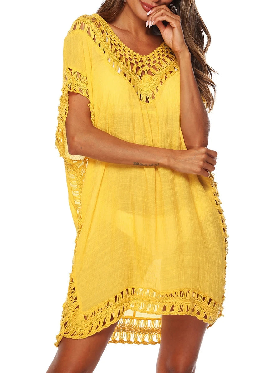 Women s Beach Cover Up Stylish Solid Color Crochet Dress with V-neck and Short Sleeves Cutout Design Swimwear