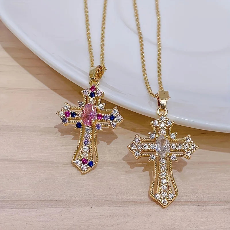 Gothic Pink Cross Necklace Y2K Purple Zircon Punk Pendant Necklace Grunge Heart Cross Necklace for Women Jewelry Accessories