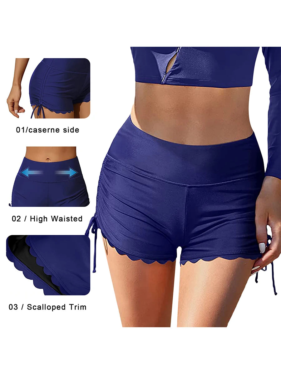 Women Swim Shorts High Waist Drawstring Wavy Hem Solid Summer Bathing Surfing Bottoms