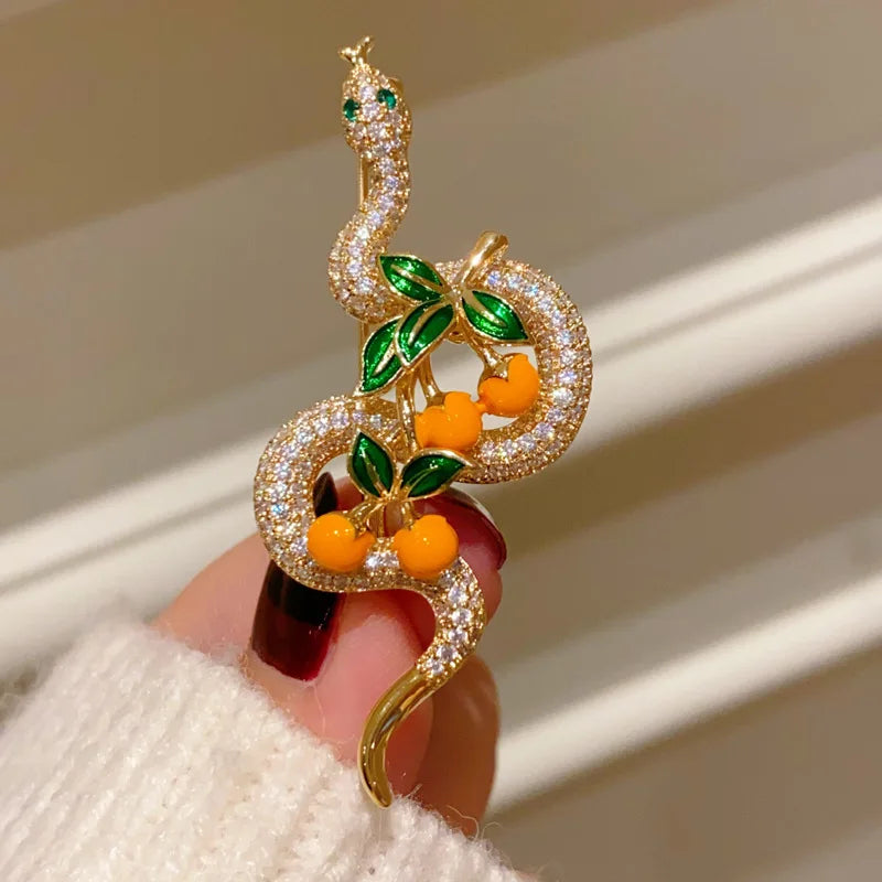 2025 Chinese Zodiac Year Snake with Persimmon Brooches for Women and Men Zircon Corsage High-end Simple Jacket Accessories Pin