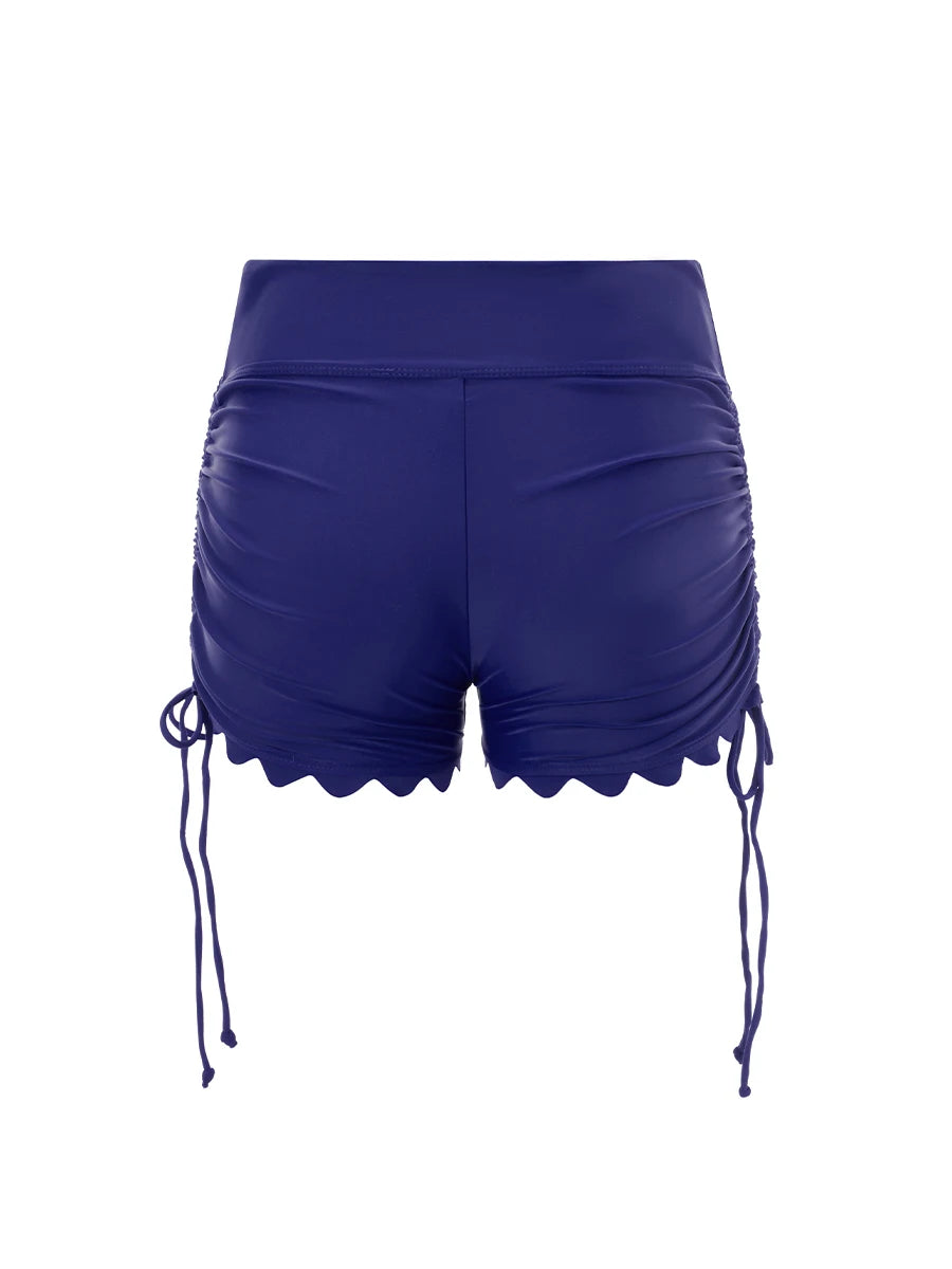 Women Swim Shorts High Waist Drawstring Wavy Hem Solid Summer Bathing Surfing Bottoms