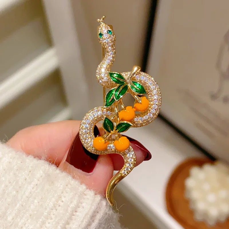 2025 Chinese Zodiac Year Snake with Persimmon Brooches for Women and Men Zircon Corsage High-end Simple Jacket Accessories Pin