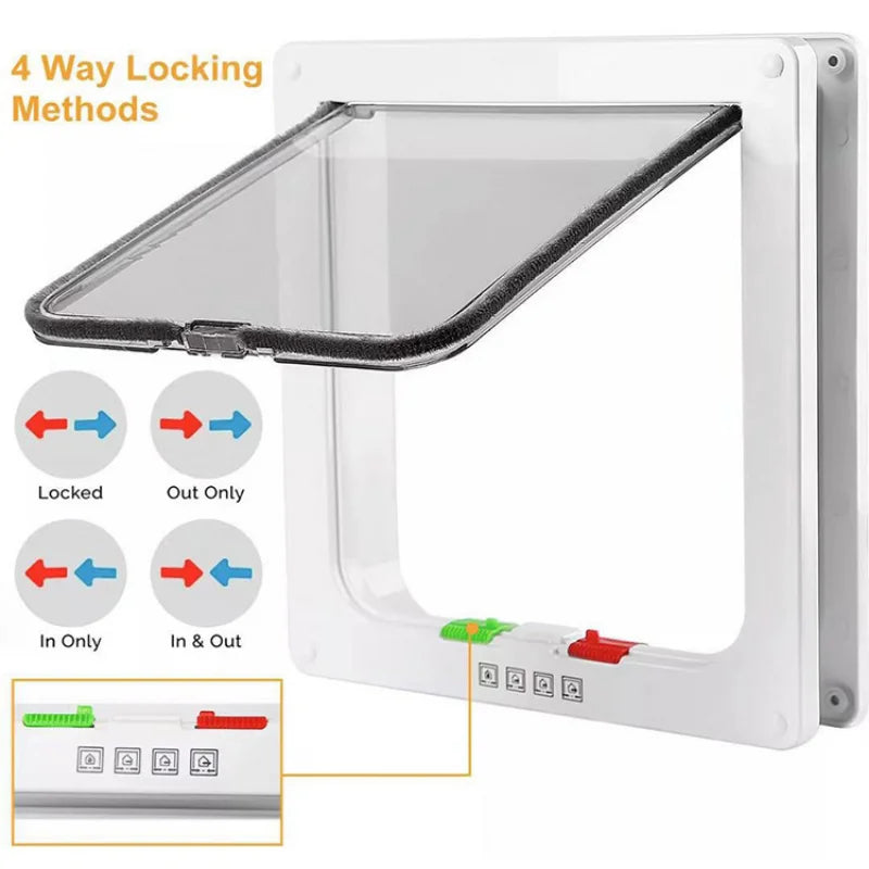 Dog Cat Flap Door with 4 Way Security Lock Flap Door for Dog Cats Kitten ABS Plastic Small Pet Gate Door Kit Cat Dogs Flap Doors