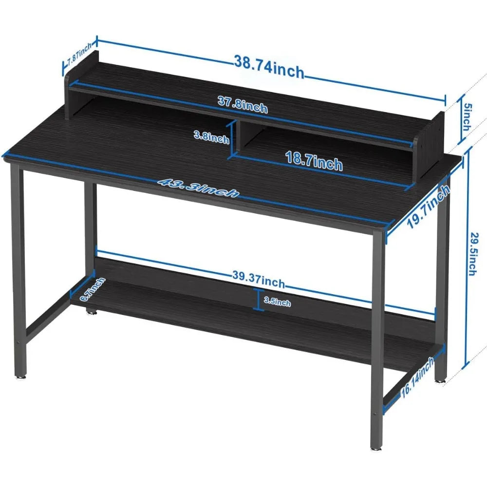 Computer Desk With Shelves Room Desks Study PC Table Workstation With Storage for Home Office 43 Inch Gaming Writing Desk Black.