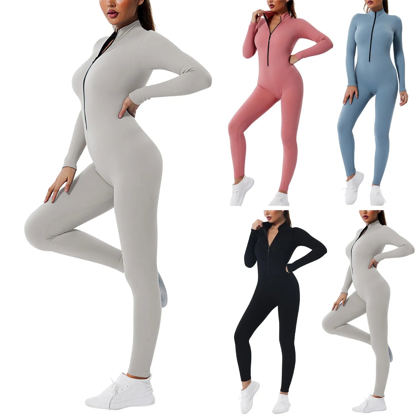 Women Long Sleeve Sportswear Yoga Jumpsuit Zip Long Sleeve Outfit Fitness Tracksuit Tight One-piece Gym Overalls Sports Bodysuit