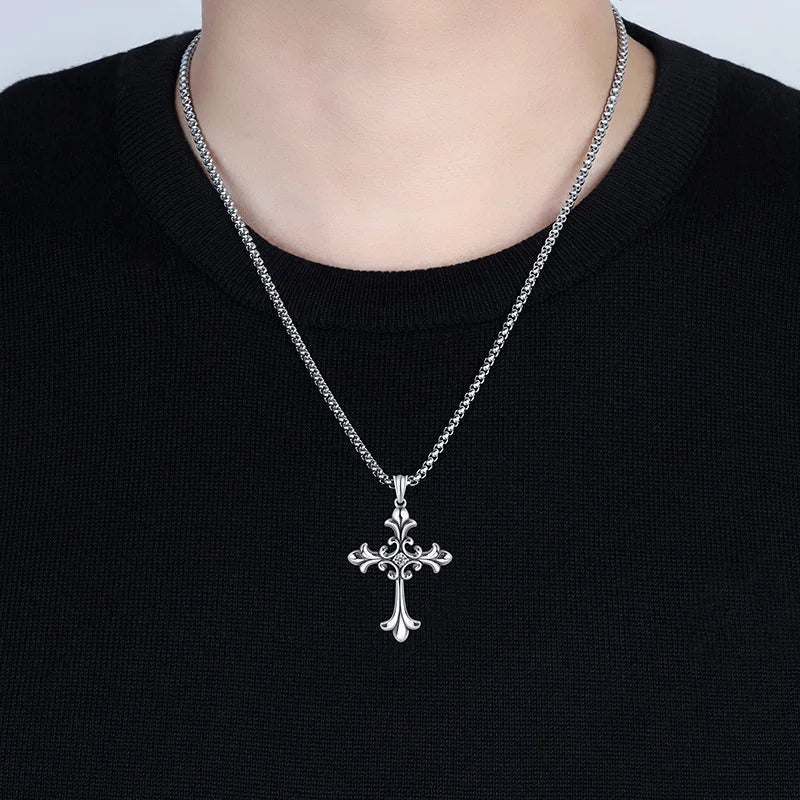 Gothic Style Retro Rhinestone Cross Stainless Steel Pendant ins Hip-Hop Men's Fashion Personality Versatile Necklace Accessories