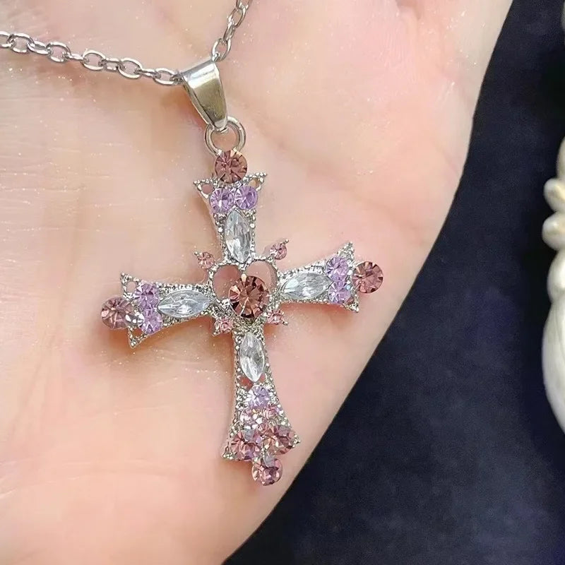 Y2K Zircon Cross Necklace Pink Purple Love Heart Cross Pendant Necklaces for Women Gothic Jewelry Party Girls Accessories 2023