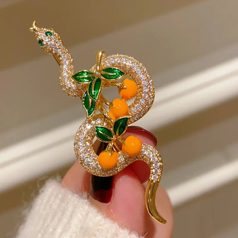 2025 Chinese Zodiac Year Snake with Persimmon Brooches for Women and Men Zircon Corsage High-end Simple Jacket Accessories Pin