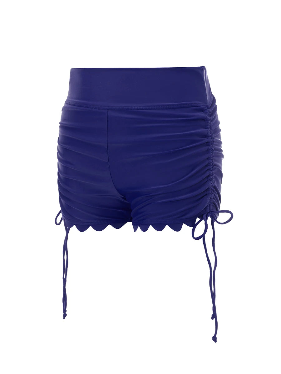 Women Swim Shorts High Waist Drawstring Wavy Hem Solid Summer Bathing Surfing Bottoms