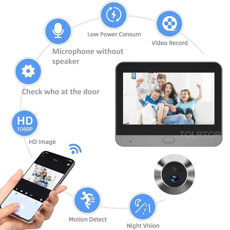 1080P WiFi Door Camera Smart Tuya Doorbell Peephole Viewer Wireless Door Bell IR Night Vision 4.3" LCD Screen Peephole Camera