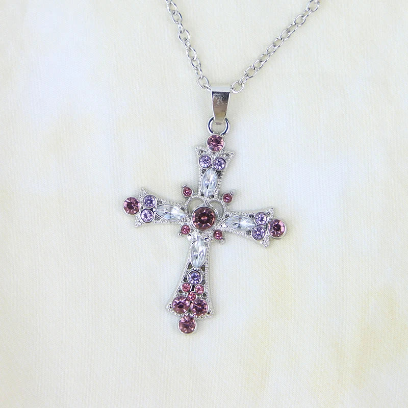 Gothic Pink Cross Necklace Y2K Purple Zircon Punk Pendant Necklace Grunge Heart Cross Necklace for Women Jewelry Accessories