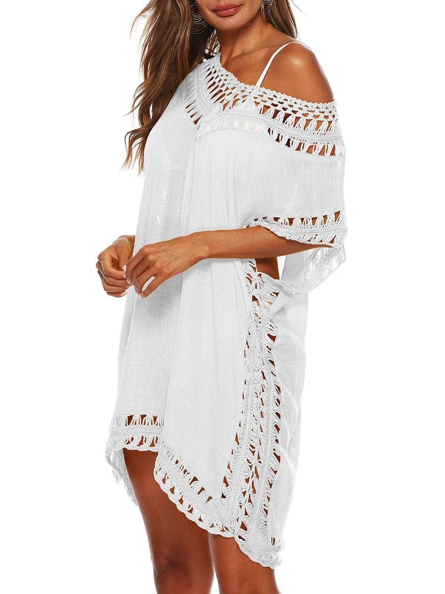 Women s Beach Cover Up Stylish Solid Color Crochet Dress with V-neck and Short Sleeves Cutout Design Swimwear