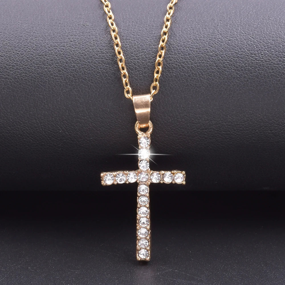 Women Necklace Jewelry Chain Fashion Cross With Rhinestone Pendant Necklace Stainless Steel Choke Ring Women Accessories New