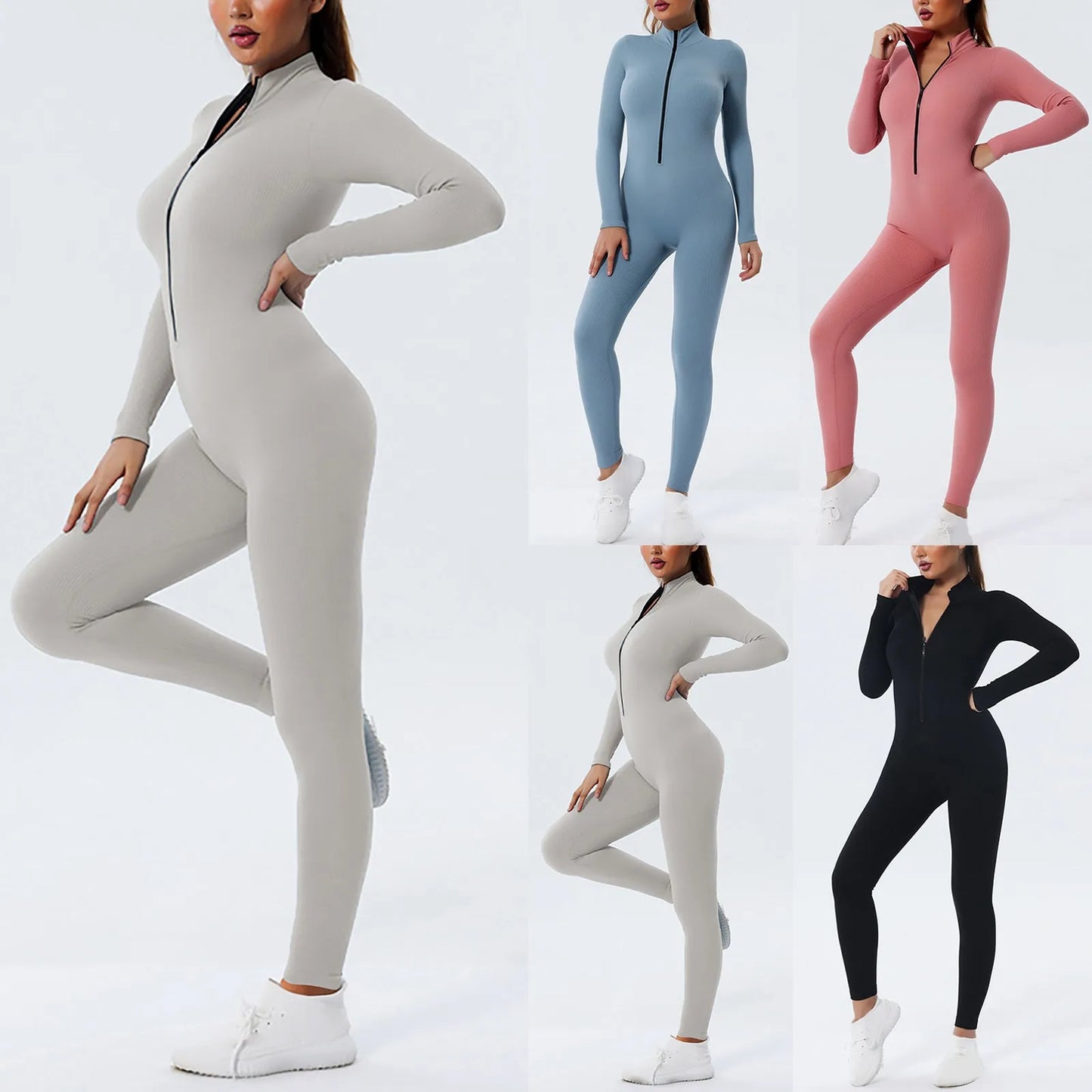 Women Long Sleeve Sportswear Yoga Jumpsuit Zip Long Sleeve Outfit Fitness Tracksuit Tight One-piece Gym Overalls Sports Bodysuit