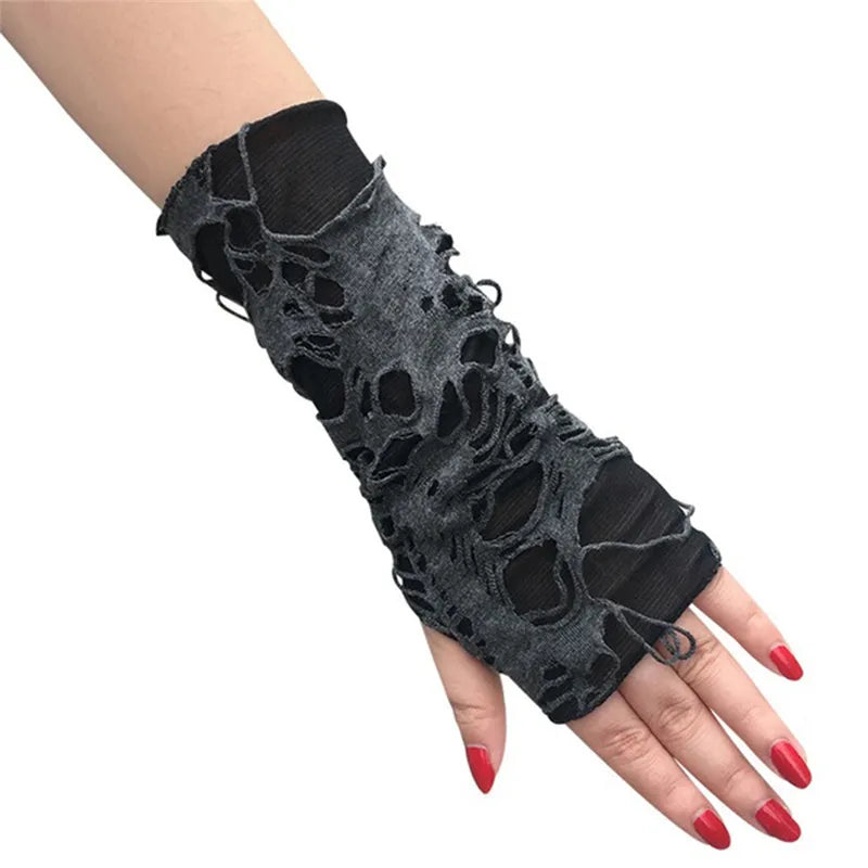 2025 New Gothic Black Fingerless Long Gloves Punk Hole Half-finger Glove Arm Warmer Beggar Cosplay Halloween Costume Accessories