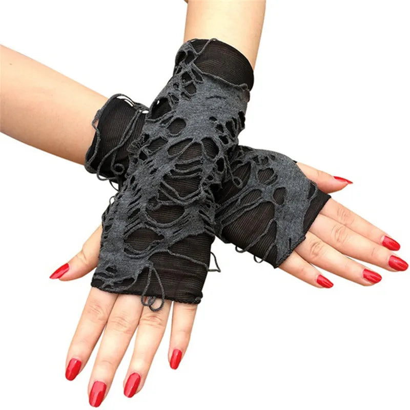 2025 New Gothic Black Fingerless Long Gloves Punk Hole Half-finger Glove Arm Warmer Beggar Cosplay Halloween Costume Accessories