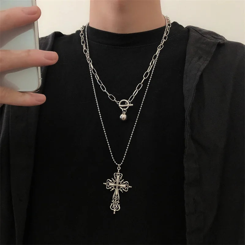 Gothic Pink Cross Necklace Y2K Purple Zircon Punk Pendant Necklace Grunge Heart Cross Necklace for Women Jewelry Accessories