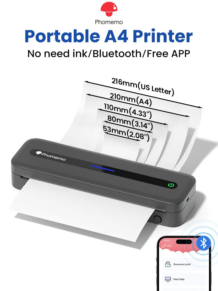 Phomemo Portable Printer Wireless for Travel M832 Inkless Thermal Printer Support US Letter&A4 Use iOS Android Phone&Laptop