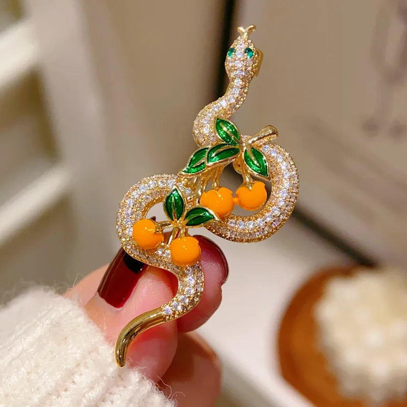 2025 Chinese Zodiac Year Snake with Persimmon Brooches for Women and Men Zircon Corsage High-end Simple Jacket Accessories Pin