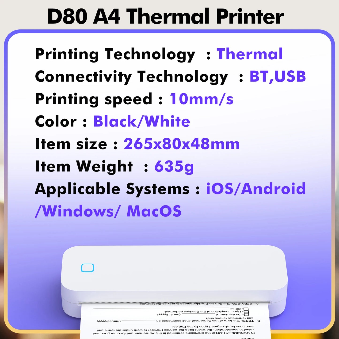 D80 A4 Portable Thermal Transfer Printer Wireless Tattoo Transfer Printer Use with Mobile /Laptop 56mm/77mm/107mm/210mm/216mm