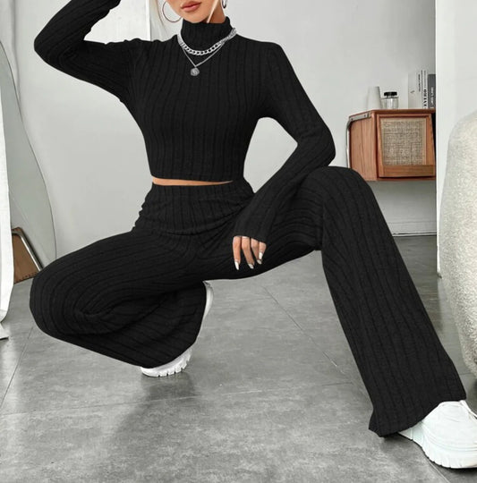 ESSENTIAL Long Sleeve Turtlenecks Wide Leg t High Waist Trousers Suit