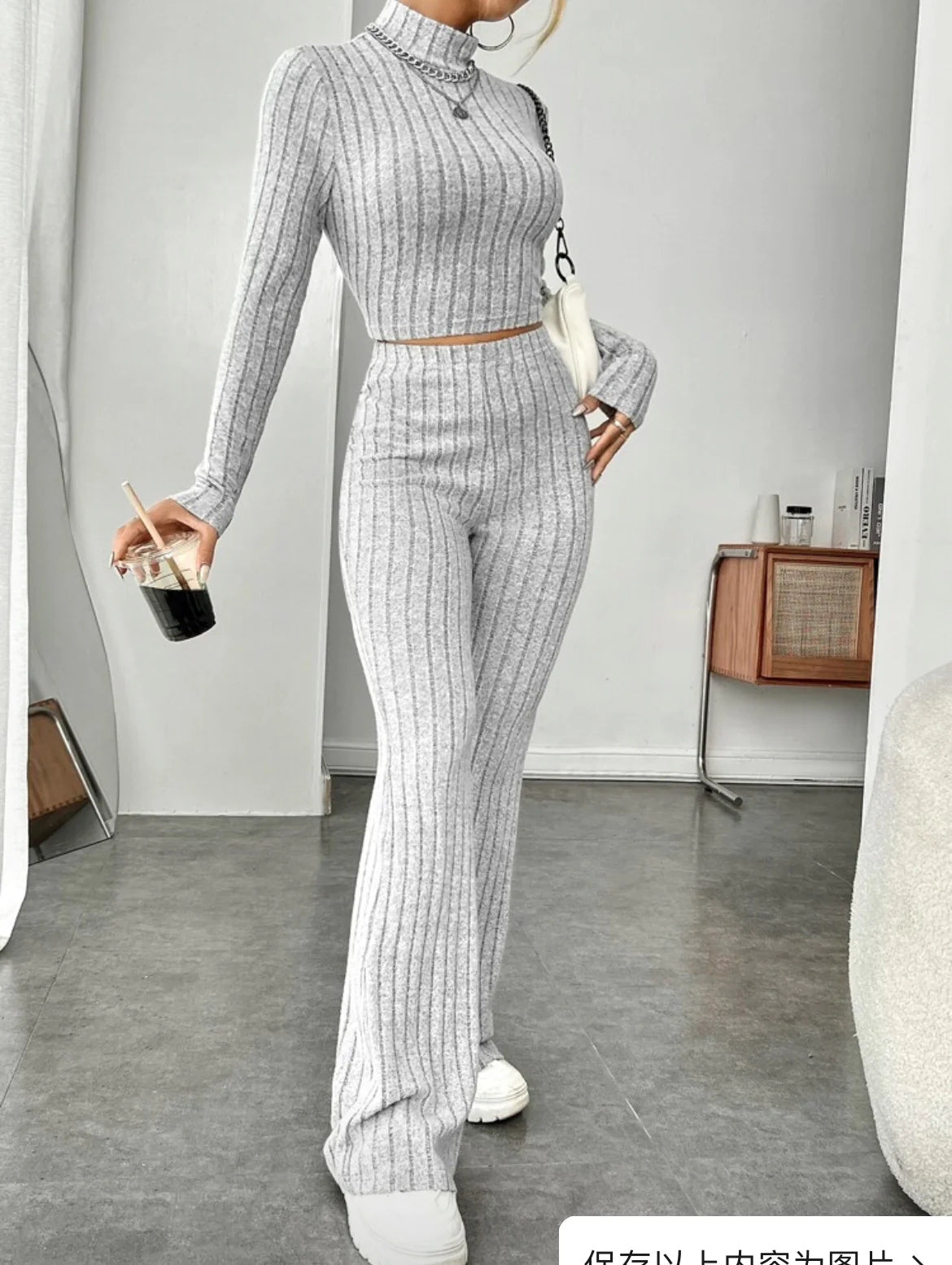 ESSENTIAL Long Sleeve Turtlenecks Wide Leg t High Waist Trousers Suit