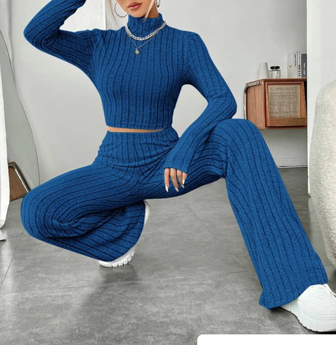 ESSENTIAL Long Sleeve Turtlenecks Wide Leg t High Waist Trousers Suit