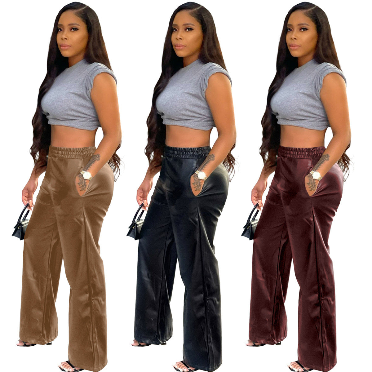 Solid Color Loose Wide Leg Pocket PU Leather Pants