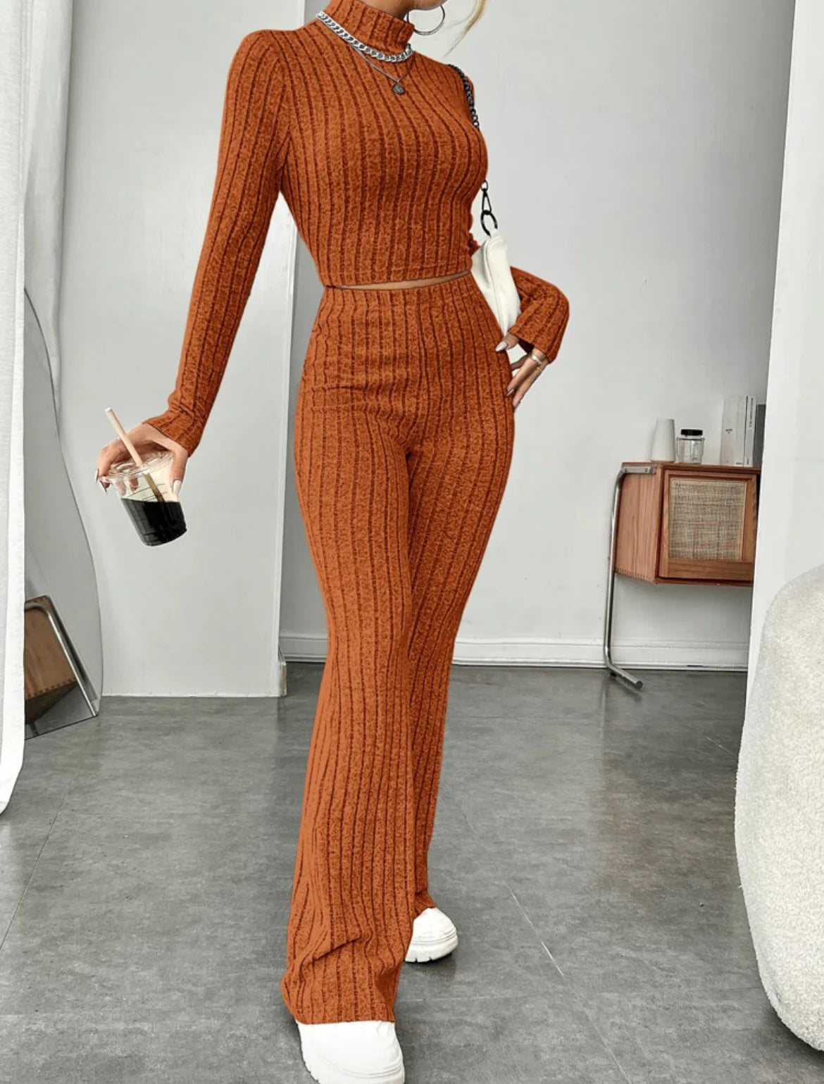 ESSENTIAL Long Sleeve Turtlenecks Wide Leg t High Waist Trousers Suit