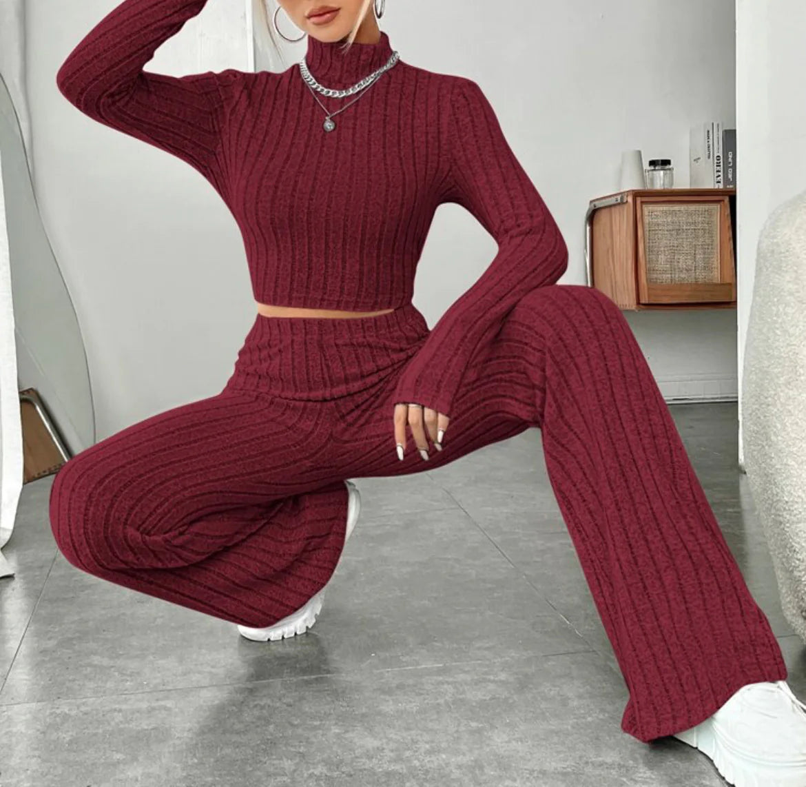 ESSENTIAL Long Sleeve Turtlenecks Wide Leg t High Waist Trousers Suit