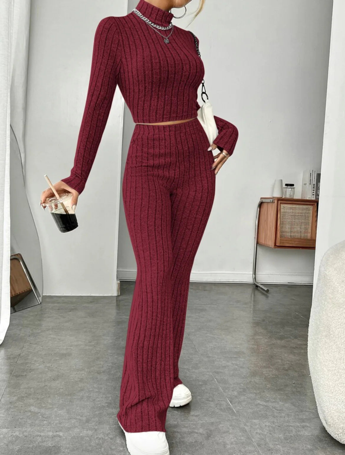 ESSENTIAL Long Sleeve Turtlenecks Wide Leg t High Waist Trousers Suit