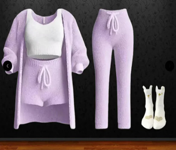 Autumn And Winter New Knitted Plush Long Sleeve Coat Vest Shorts Four-piece Set